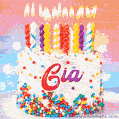 Personalized for Gia elegant birthday cake adorned with rainbow sprinkles, colorful candles and glitter