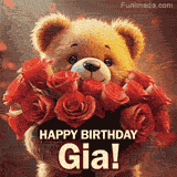 Cinematic style cute animated teddy bear with charming features holding a large bouquet of red roses, the words say 'Happy Birthday Gia' in sans serif font.