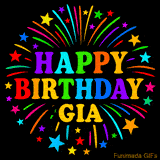 Personalized greeting card with name, colorful text that says 'Happy Birthday Gia' surrounded by animated fireworks and multicolor stars
