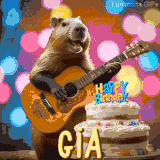 Animated birthday GIF showing a capybara playing guitar and singing beside a birthday cake with the name Gia in large letters and colorful bokeh lights in the background.