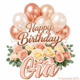 Pastel metallic balloons and rose bouquet Happy Birthday Gia GIF