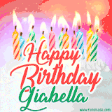 Bright birthday candles with rainbow flames on a cake, alongside the text 'Happy Birthday Giabella' in vibrant script in this celebratory animated GIF.