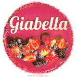 Beautifully decorated red velvet berry birthday cake with vibrant fruits and a glowing 'Giabella' name, adding a touch of sweetness and sparkle.