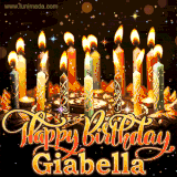 A glowing personalized birthday GIF with name Giabella featuring lit candles with intricate designs, warm lighting, and the text 'Happy Birthday' in an elegant font.