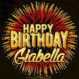 Golden 'Happy Birthday Giabella' text accompanied by animated rainbow fireworks for a festive animated greeting.