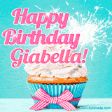 A festive cupcake with pink icing, a gingham bow, and a lit animated sparkler, paired with 'Happy Birthday Giabella!' in bright pink text.