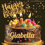 A delightful chocolate birthday cake with bright candles and 'Happy Birthday Giabella' written in gold amidst a shower of animated stars.