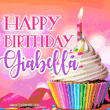 A vibrant birthday GIF featuring a rainbow-colored cupcake topped with white frosting, sprinkles, and a lit candle. The text reads 'Happy Birthday Giabella' in bold pink and violet letters with white outline.