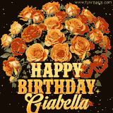 Animated bouquet of orange roses with moving butterfles and golden 'Happy Birthday Giabella' text, surrounded by sparkling accents and a dark backdrop for a luxurious feel.