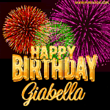 A golden 'Happy Birthday Giabella' message with vibrant fireworks in the background, creating a festive and celebratory vibe in this animated name GIF.