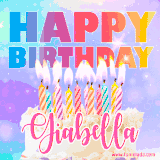 A vibrant animated name GIF with the words 'Happy Birthday Giabella' with colorful candles on a creamy cake. The background sparkles with pastel shades, adding a festive touch.