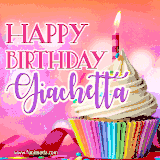 A vibrant birthday GIF featuring a rainbow-colored cupcake topped with white frosting, sprinkles, and a lit candle. The text reads 'Happy Birthday Giachetta' in bold pink and violet letters with white outline.