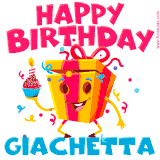 A vibrant and funny gift box character with a happy face dancing with a cupcake and the text 'Happy Birthday Giachetta,' surrounded by animated confetti and party vibes.