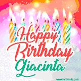 Bright birthday candles with rainbow flames on a cake, alongside the text 'Happy Birthday Giacinta' in vibrant script in this celebratory animated GIF.