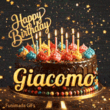 Chocolate drip cake with colorful cream peaks, candles, and a gold Happy Birthday topper on a stand, personalized for Giacomo.