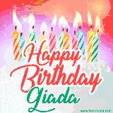 Bright birthday candles with rainbow flames on a cake, alongside the text 'Happy Birthday Giada' in vibrant script in this celebratory animated GIF.