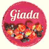 Beautifully decorated red velvet berry birthday cake with vibrant fruits and a glowing 'Giada' name, adding a touch of sweetness and sparkle.