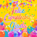 A bright and festive GIF with the text 'Feliz Cumpleaños Giada' in Spanish in colorful fonts, surrounded by confetti, balloons, and festive banners on a vibrant yellow background.