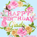 A charming animated GIF featuring 'Happy Birthday Giada' in pink and green text, surrounded by delicate roses, leaves, and fluttering butterflies on a soft light blue pastel background.