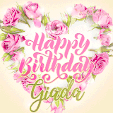 A stunning heart made of pink roses surrounds the elegant script text 'Happy Birthday Giada' on a soft beige background. Animated sparkles add a magical and festive feel.