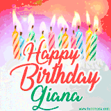 Bright birthday candles with rainbow flames on a cake, alongside the text 'Happy Birthday Giana' in vibrant script in this celebratory animated GIF.
