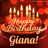 Beautifully decorated red velvet berry birthday cake with vibrant fruits and a glowing 'Giana' name, adding a touch of sweetness and sparkle.
