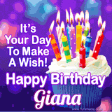 A colorful birthday GIF for Giana featuring a cupcake with vibrant lit candles and the text 'It's Your Day to Make a Wish! Happy Birthday Giana' in bold letters on a festive purple background.
