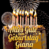 A chocolate birthday cake with glowing candles, the German text 'Alles Gute zum Geburtstag Giana,' and vibrant fireworks lighting up the background in an animated GIF.