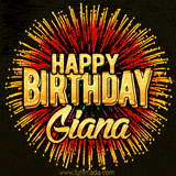 Golden 'Happy Birthday Giana' text accompanied by animated rainbow fireworks for a festive animated greeting.
