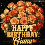 Animated bouquet of orange roses with moving butterfles and golden 'Happy Birthday Giana' text, surrounded by sparkling accents and a dark backdrop for a luxurious feel.