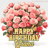 Golden 'Happy Birthday Giana' text beneath a vibrant bouquet of orange roses, complete with glittering butterflies and sparkling details.