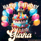 Bright birthday animation for Giana with a chocolate cake, candles, balloons, and glowing celebratory lights.
