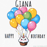 An adorable and cute cupcake with a smiley face and moving colorful balloons create a joyful birthday greeting for Giana in this cheerful animated greeting E-card.