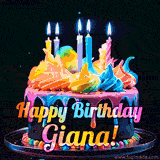 A mesmerizing animated cake with multicolor frosting and candles, and the words 'Happy Birthday Giana' on the black background.