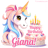 An adorable animated unicorn with soft pastel colors sits beside a birthday cake with glowing candles, and a pink 'Happy Birthday Giana!' words.