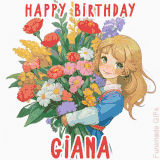 Bright floral birthday animation for Giana showing a cute cartoon girl with golden hair and expressive eyes holding a huge bouquet, surrounded by birthday text.