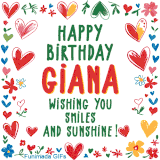 A colorful animated card for Giana’s birthday featuring playful hearts, cheerful flowers, and a handwritten message wishing smiles and sunshine.