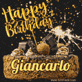 Celebrate Giancarlo's birthday with a GIF featuring chocolate cake, a lit sparkler, and golden stars