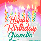 Bright birthday candles with rainbow flames on a cake, alongside the text 'Happy Birthday Gianella' in vibrant script in this celebratory animated GIF.