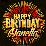 Golden 'Happy Birthday Gianella' text accompanied by animated rainbow fireworks for a festive animated greeting.