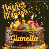 A delightful chocolate birthday cake with bright candles and 'Happy Birthday Gianella' written in gold amidst a shower of animated stars.