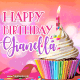 A vibrant birthday GIF featuring a rainbow-colored cupcake topped with white frosting, sprinkles, and a lit candle. The text reads 'Happy Birthday Gianella' in bold pink and violet letters with white outline.