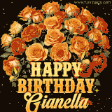 Animated bouquet of orange roses with moving butterfles and golden 'Happy Birthday Gianella' text, surrounded by sparkling accents and a dark backdrop for a luxurious feel.