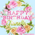 A charming animated GIF featuring 'Happy Birthday Gianella' in pink and green text, surrounded by delicate roses, leaves, and fluttering butterflies on a soft light blue pastel background.