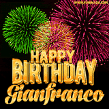 A captivating GIF with bursts of green, pink, and orange fireworks lighting up the night sky, accompanied by 'Happy Birthday Gianfranco' in glowing golden text.