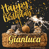 Animated GIF featuring the text 'Happy Birthday Gianluca' written in glittering gold above the luxurious chocolate birthday cake adorned with truffles, gold stars, and sparklers.