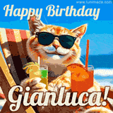 A cheerful cat wearing sunglasses, enjoying drinks on a sunny beach chair, with the text 'Happy Birthday Gianluca!' in bright letters.