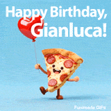 Animated pepperoni pizza slice with a happy face wishing Happy Birthday to Gianluca
