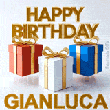 Premium 3D golden typography spelling Happy Birthday Gianluca hovering over three elegantly wrapped gift boxes in red, white, and blue colors