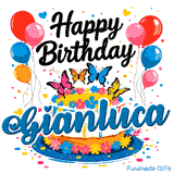 A birthday cake on a blue plate decorated with multi-colored flowers and balloons, personalized for Gianluca.